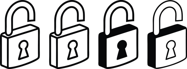 Four Open Padlocks in Black and White Representing Security Concepts and Data Privacy in a Digital World