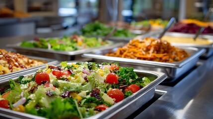 Obraz premium Buffet Food Display with Salad, Vegetables, and Assorted Dishes