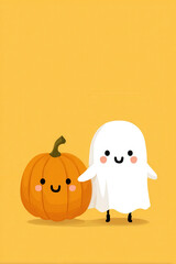 Cute Halloween pumpkin and ghost cartoon with happy face on orange background