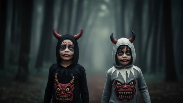 Two children in Halloween costumes, devilish makeup, and horned hoods, walking a forest path.