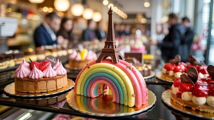 Colorful rainbow cake with Eiffel Tower decoration in French patisserie showcase