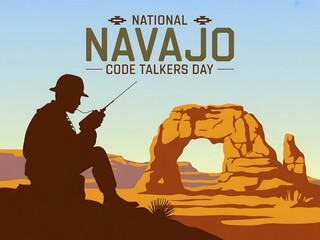 Honoring navajo code talkers day with a silhouette of a warrior in a desert landscape