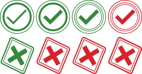 Green check mark and red cross symbols depicting approval or rejection and positive and negative feedback on a white background