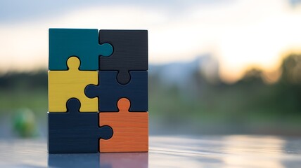 Discovering synergistic solutions, colorful puzzle pieces connect for business strategy and teamwork success