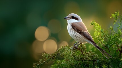 A small red-backed shrike bird sits perched on a vibrant green branch with a beautiful soft-focus bokeh background.