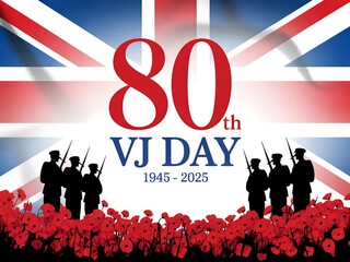Commemorating the 80th anniversary of vj day with a union jack and silhouetted soldiers