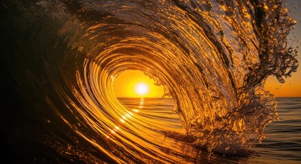 A breaking ocean wave curls over a setting sun, creating a golden tunnel.