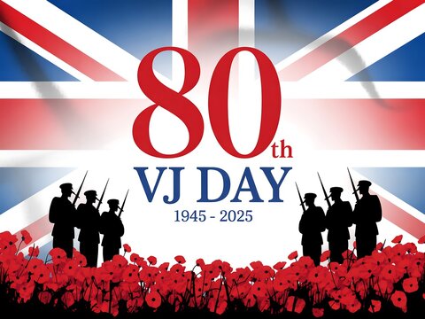 Commemorating the 80th anniversary of vj day with a union jack and silhouetted soldiers