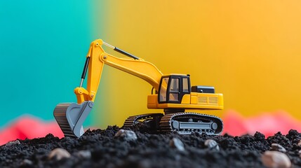 Vibrant yellow excavator digging in dark soil against a colorful backdrop offers a powerful visual for construction and industry projects