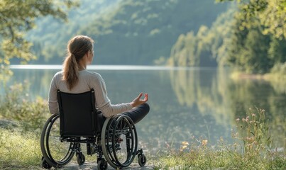 Inclusive image of a disabled Black woman sitting in a wheelchair meditating and doing yoga, deep breathing and relaxing in nature by a lake, Generative AI