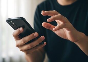 Person s hands using a smartphone with sunlight on their fingers
