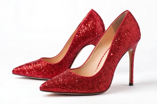 Sparkling red sequin high heel shoes isolated on white background - Powered by Adobe
