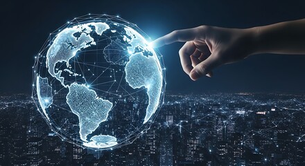 Human finger touching a glowing digital earth hologram above a city