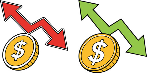 Illustrative Representation of Fluctuating Economy with Dollar Coins and Arrows Indicating Market Trends and Financial Performance