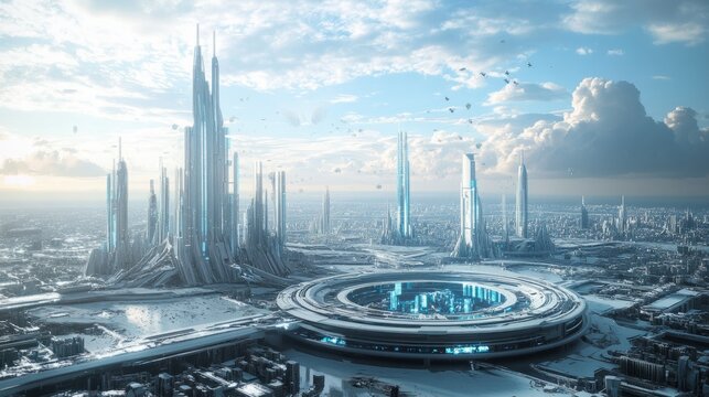 Futuristic 3d illustration of a modern cityscape with advanced architecture, high-tech skyscrapers, and innovative urban design featuring futuristic technology, digital infrastructure, and sci-fi insp