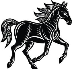 Stylized Black and White Linocut Illustration of a Running Horse in Motion Detailed with Parallel Lines and Shading for a Vintage Woodblock Print Effect