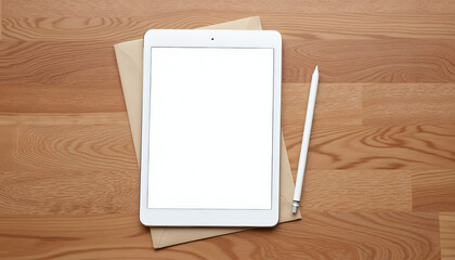 Digital tablet with blank screen and stylus on wooden desk  