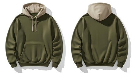 Naklejka premium Olive green hoodie with a beige hood, front and back view. Vector mockup template for apparel design and fashion branding.