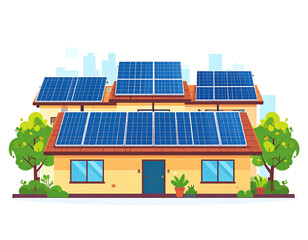 Modern yellow house with blue solar panels on a redtiled roof an ecofriendly home illustration.