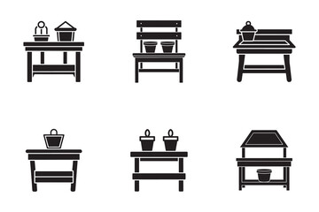 Fototapeta premium Collection of Tabletop Displays and Furnishings Represented as Simple Black Silhouettes for Graphic Design Projects