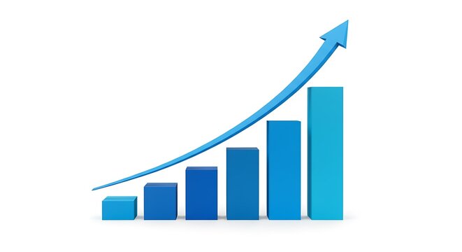 Business growth chart with ascending bar graph and arrow indicating success and positive financial performance over white background