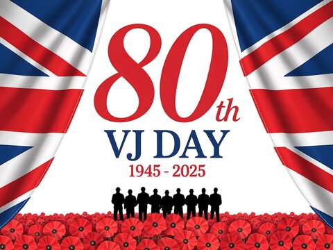 Commemorating the 80th anniversary of vj day with british flags and poppies