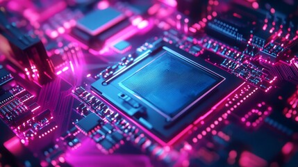 Macro close-up of computer processor and graphic card hardware with neon led lights, high-tech electronic circuit board storing memory showcasing futuristic generative ai technology