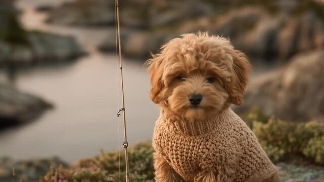 Cozy Cavapoo in Sweater Lakeside Adventure with Fishing Rod, and Serene Nature Scene.