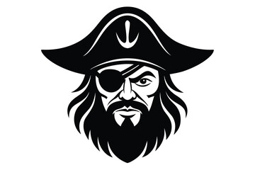 Black and White Pirate with Eyepatch, Beard, and Tricorne Hat Illustration