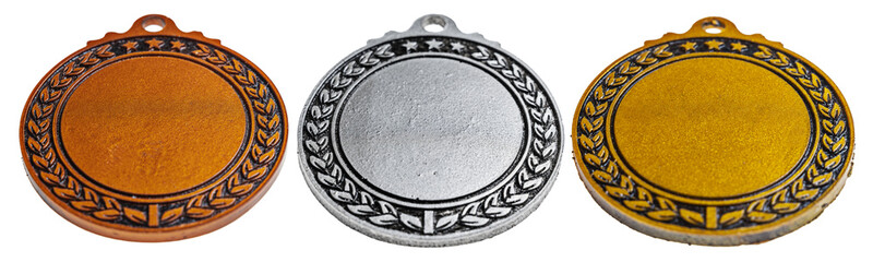 Set of bronze, silver, and golden award medals isolated over a white background. Copy space. Symbol of achievement, recognition, or competition