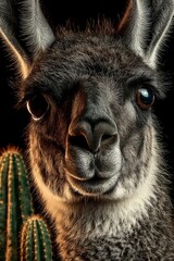 Fototapeta premium Close-up of a llama's face with cacti in the background, showcasing rich textures.