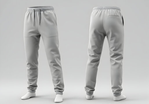 Grey sweatpants front and back views on a neutral background