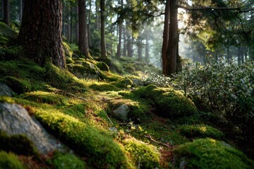 Fototapeta premium Sunlit mossy forest path