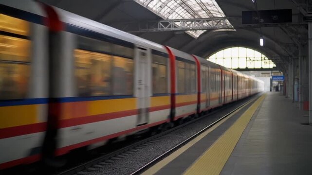 Gelber Zug f&auml;hrt in Bahnhof ein &ndash; moderne Stadtverkehrsszene