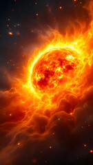 Fototapeta premium A fiery sun surrounded by swirling clouds of orange and yellow in a vast dark space with stars