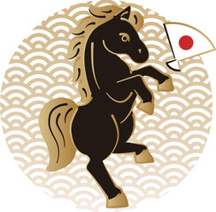 年賀　2026　うま　馬　午年　午　手描き　日本画　浮世絵　正月　和風　モダン　年賀状　イラスト素材