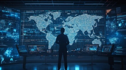 Technician standing in front of large digital interface displaying complex network operations, global connectivity maps, and data analytics in a high-tech control room for modern information technolog