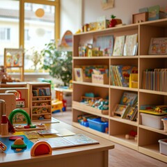 Wooden bookshelf with educational games
