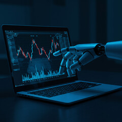 Robotic Hand Analyzing Stock Market Data on Laptop Screen; Futuristic Finance, AI Trading, Blue Tone