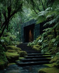 Dark, mossy steps lead to a secluded, dark structure in a lush, green forest