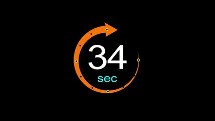 34 Second timer clock icon animation. arrow Clock 34-Second icon, Digital and analog clock 34 Second isolated black background.