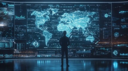 Technician standing in front of large digital interface displaying complex network operations, global connectivity maps, and data analytics in a high-tech control room for modern information technolog