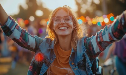 Happy disabled woman in a wheelchair celebrating new job offer, career success, and work achievement, cheering with confetti. Illustrating workplace diversity and success for people, Generative AI
