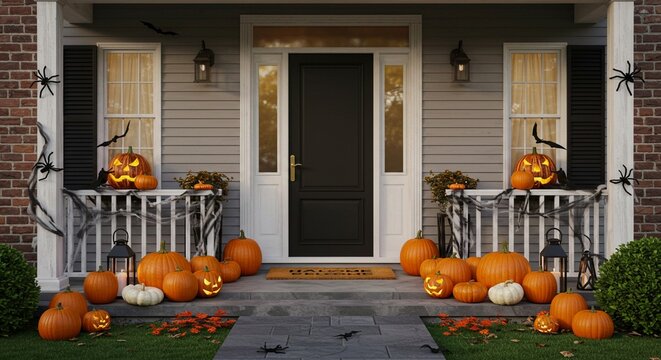 Welcome spooky trick-or-treaters to a decorated porch with glowing pumpkins and scary decorations