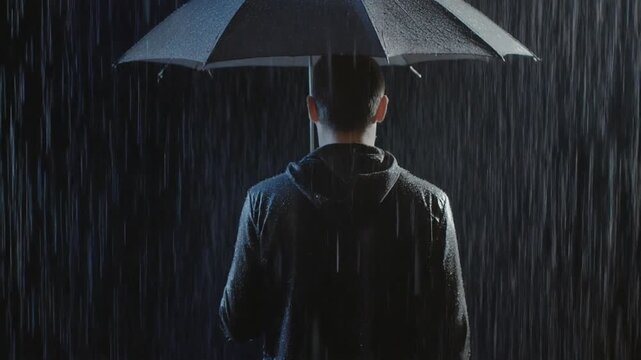 Mann steht im Regen mit Regenschirm &ndash; R&uuml;ckenansicht bei Nacht