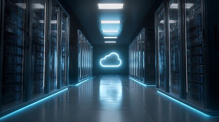Fototapeta premium Data Center with Cloud Symbol Glowing Neon Technology