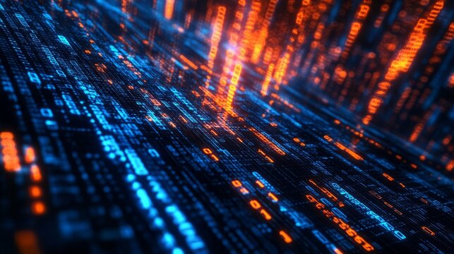 Abstract blue and orange digital binary code matrix background with glowing flare, futuristic big data technology visualization in 3d rendering, representing blockchain, data center, internet network,