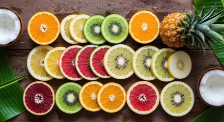 Colorful citrus fruit slices on table
