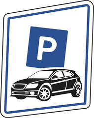 Parking sign with car symbol and blue letter P ideal for transportation and traffic illustrations or driving directions content