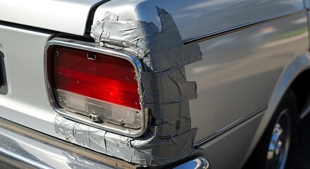 Humorous Car Repair with Duct Tape on Silver Vehicle Tail Light Showing Resourcefulness and Problem Solving Skills Depicting DIY Fixes